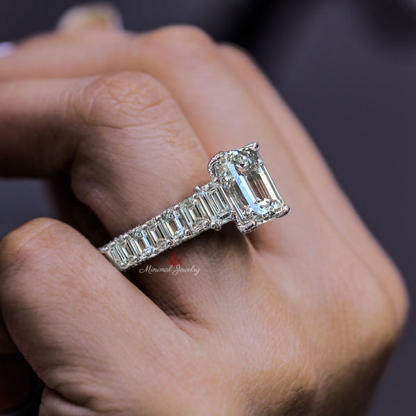 4.4ct emerald cut moissanite ring Three stone engagement ring Hidden Halo Wide Band 14k White Gold Wedding Anniversary Ring for Women