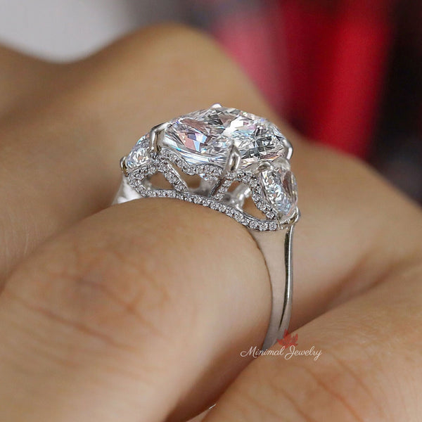 Three stone cushion cut moissanite engagement ring 7.5 CT large cushion cut ring hidden halo unique ring design big stone ring wedding ring