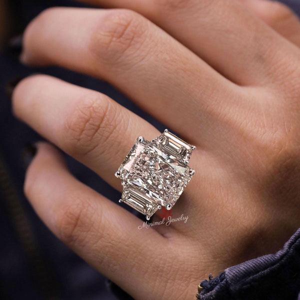 Radiant Cut Moissanite Engagement Ring Set with Wedding Band 13.5TW Three stone bridal jewelry set women anniversary gift large diamond ring