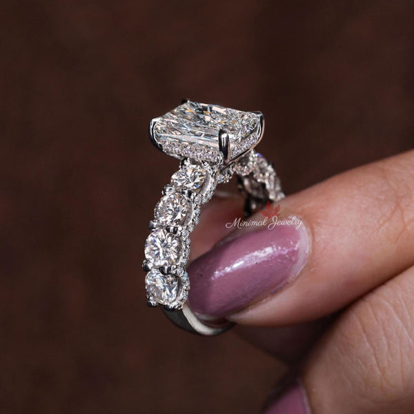 Radiant Cut Lab Grown Diamond Ring 2.8CT IGI Certified Solitaire Engagement wedding Ring Hidden Halo Half Eternity Band Anniversary ring her