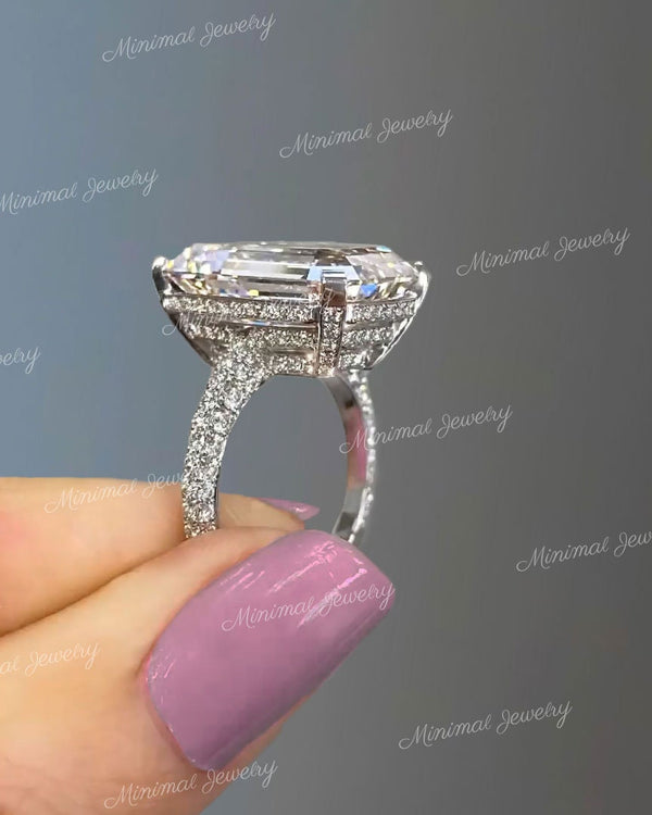 14.5 CT Emerald cut moissanite engagement ring Hidden halo Large Emerald cut moissanite ring big diamond Statement Wedding anniversary ring
