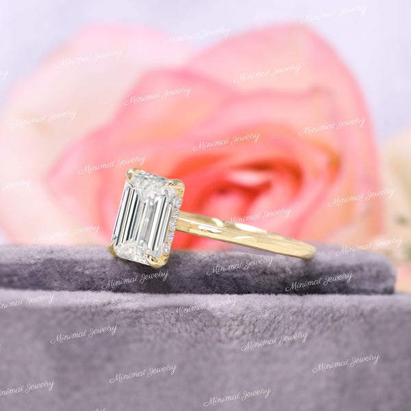 2.5 CT Emerald cut engagement ring moissanite Emerald solitaire ring hidden halo ring 14k yellow gold aniversary promise ring wedding ring
