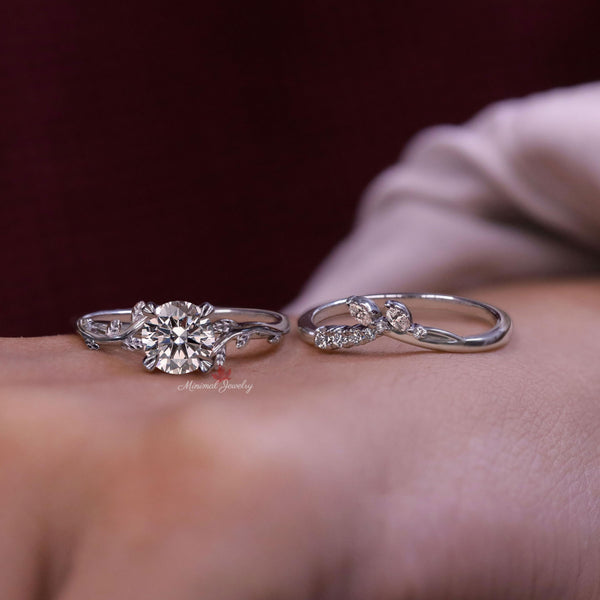 Nature inspired engagement ring set platinum 1 carat moissanite flower leaf engagement ring bridal wedding ring set women promise ring her