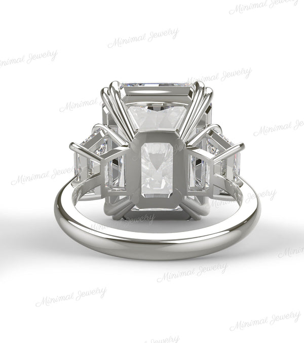 15ct Radiant Cut Moissanite Engagement Ring 14K Gold Three Stone Ring with Side Trapezoids Large Wedding Anniversary Statement Ring