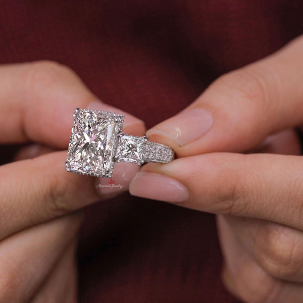 9.5CT Princess Cut Moissanite Bridal Set Three Stone Engagement Ring with Wedding Band Anniversary Wedding Ring Set 14k white gold