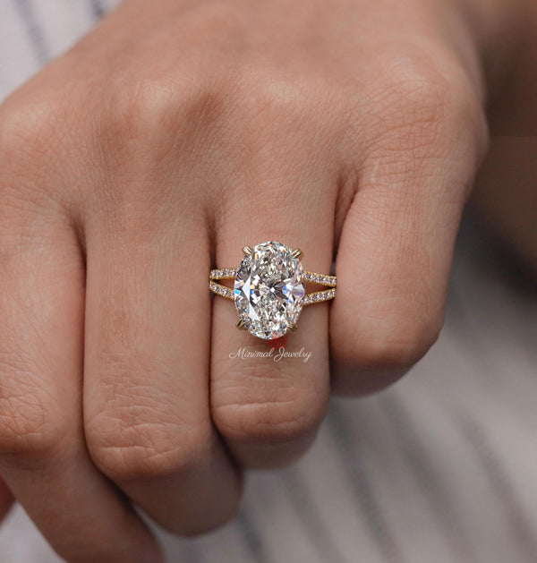 5.5CT Oval moissanite engagement ring crushed ice moissanite Hidden halo split shank ring unique cathedral ring set oval cut wedding ring