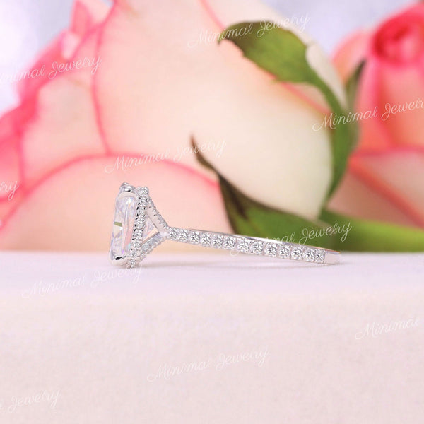 2.5 CT cushion cut engagement ring hidden halo 14k white gold unique solitaire pave prong elongated cushion moissanite ring anniversary ring