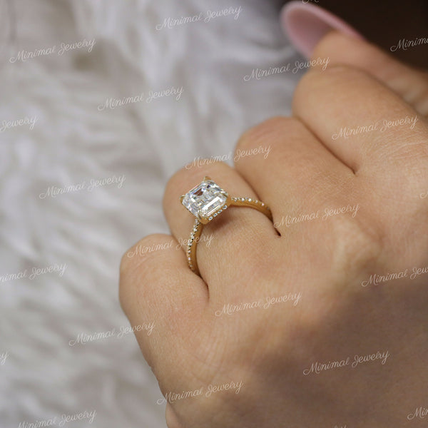 2.5CT Emerald Cut Moissanite Engagement Ring: 14k Yellow Gold Hidden Halo