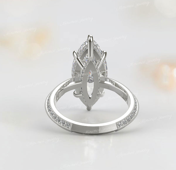 7.5CT Marquise Moissanite Engagement Ring: Art Deco Filigree, Hidden Halo wedding ring