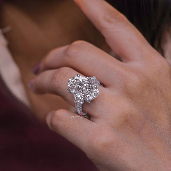 Oval lab grown diamond ring 9CT IGI Certified oval engagement ring hidden halo Three stone large diamond wedding anniversary ring for women