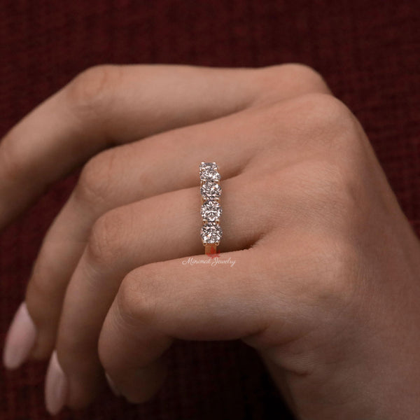 1.35 TCW Round Cut Moissanite Wedding Band,five stone ring,half eternity wedding band,comfort fit,rose Gold wedding band,anniversary gift