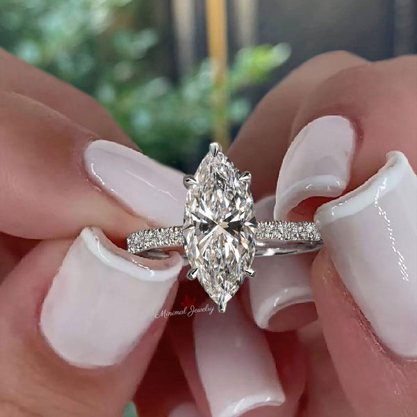 2 CT Marquise moissanite engagement ring,unique solitaire hidden halo ring,art deco,14k/18k white gold,wedding ring,anniversary•promise ring