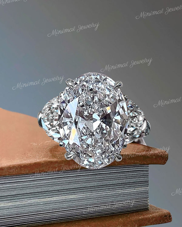 6 CT Three stone Moissanite oval engagement ring,celebrity style huge big large,side moon&oval cut moissanite engagement ring,wedding ring