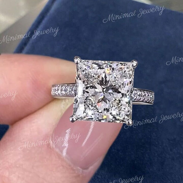 4 CT moissanite princess cut ring,hidden halo,princess cut solitaire engagement ring,low profile,square cut diamond alternative wedding ring
