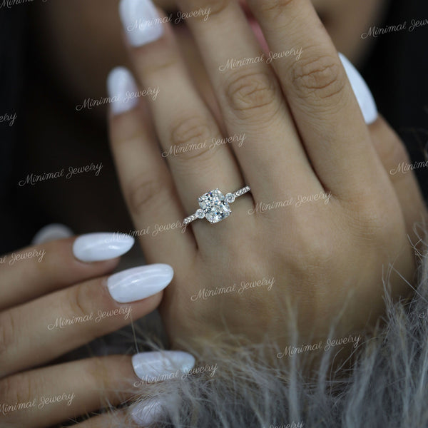 2.5CT Three stone cushion cut moissanite engagement ring,hidden halo,elongated cushion Moissanite cluster ring,white gold meghan markle ring