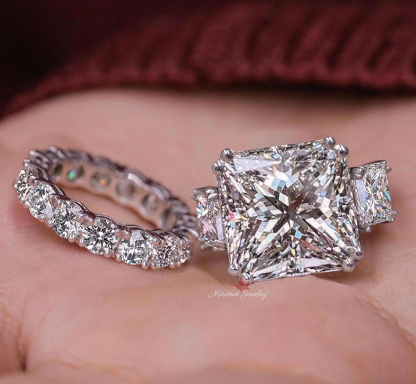 9.5CT Princess Cut Moissanite Bridal Set Three Stone Engagement Ring with Wedding Band Anniversary Wedding Ring Set 14k white gold
