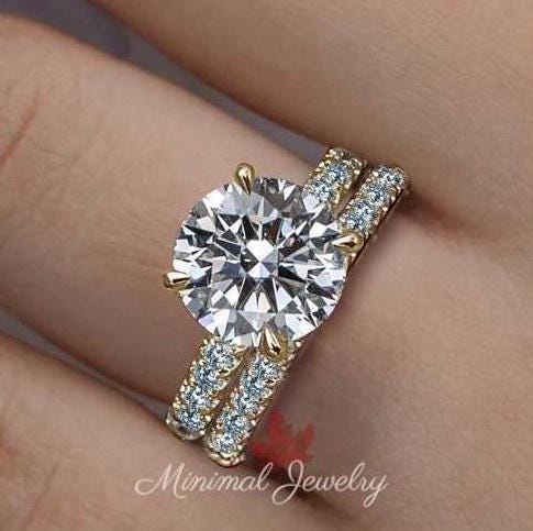 lab grown diamond engagement ring set 3.7 CT round wedding ring set lab diamond band IGI certified CVD diamond hidden halo anniversary gift