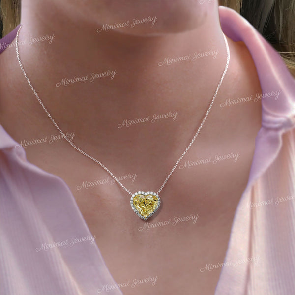Heart moissanite pendant necklace,18k/14k solid gold chain necklace 4.27 CT yellow heart halo pendant moissanite necklace,solitaire necklace