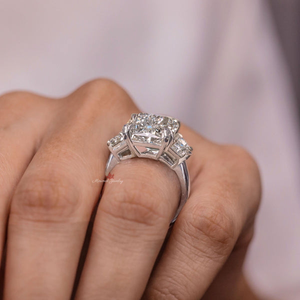 15ct Radiant Cut Moissanite Engagement Ring 14K Gold Three Stone Ring with Side Trapezoids Large Wedding Anniversary Statement Ring