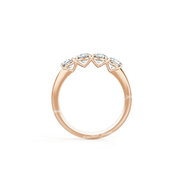 Dainty wedding band four stone Round 14k gold 4mm Moissanite wedding band half eternity band stacking ring set Anniversary band gift for her