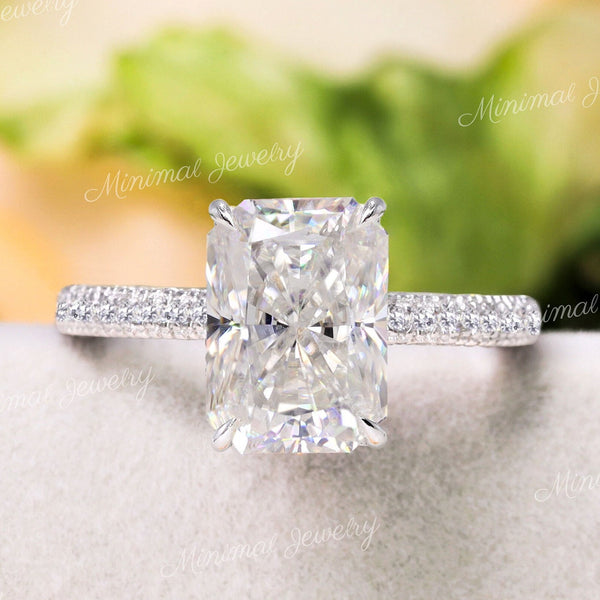 3 CT Radiant moissanite engagement ring,hidden halo,unique three row pave,thick band,solitaire moissanite radiant cut ring wedding ring