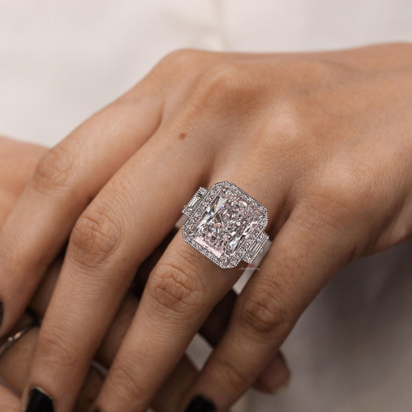 Radiant Cut Moissanite Engagement Ring 10 CT Three Stone Halo Filigree Ring Art Deco Wedding Ring Statement Large Diamond Anniversary ring