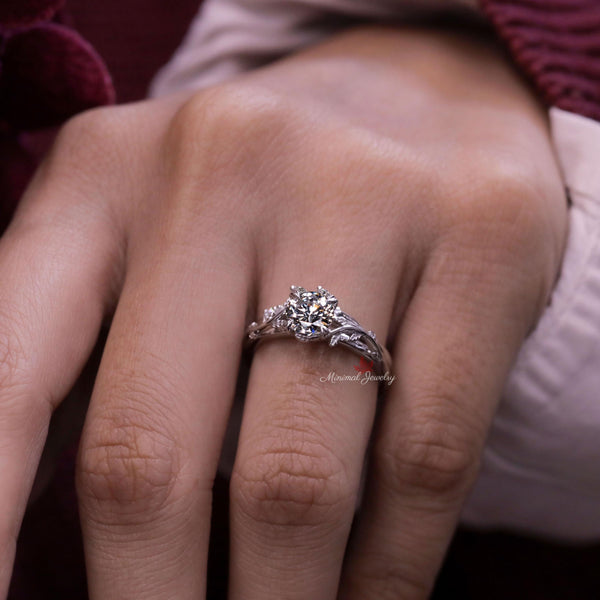 Nature inspired engagement ring set platinum 1 carat moissanite flower leaf engagement ring bridal wedding ring set women promise ring her