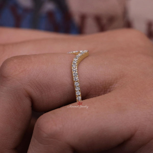Dainty Chevron Moissanite Wedding Band: 14k Yellow Gold Contour Ring