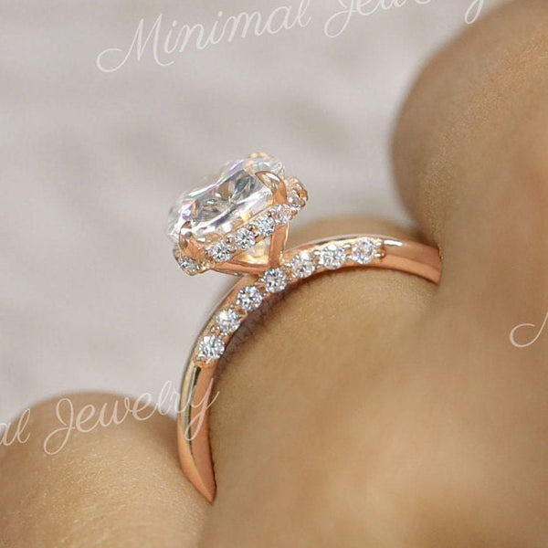 2.5CT cushion cut moissanite engagement ring,hidden halo 14k Rose gold,elongated cushion moissanite solitaire,pave bridge,claw prong,propose