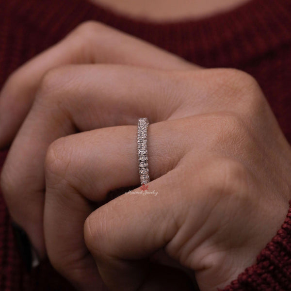 Dainty wedding band 14k solid Thin gold ring 2.5mm moissanite simple wedding band stackable ring set pave eternity band anniversary gift her