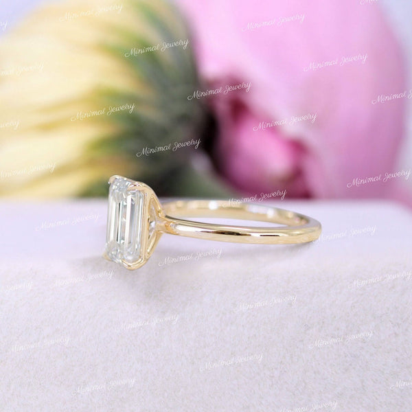 2.5 CT Emerald moissanite engagement ring,simple gold band,solitaire,emerald cut moissanite ring,promise ring,wedding ring,14k yellow gold