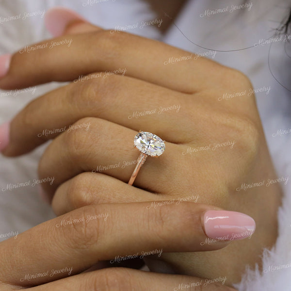 2.5 CT Oval Moissanite engagement ring,Rose gold,hidden halo oval cut moissanite,pave bridge,unique solitaire,Cathedral ring,wedding ring