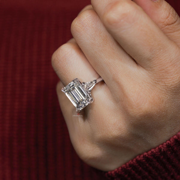 3 stone emerald cut ring 14k gold 7CT emerald cut moissanite engagement wedding ring side Shield Three stone anniversary ring for women