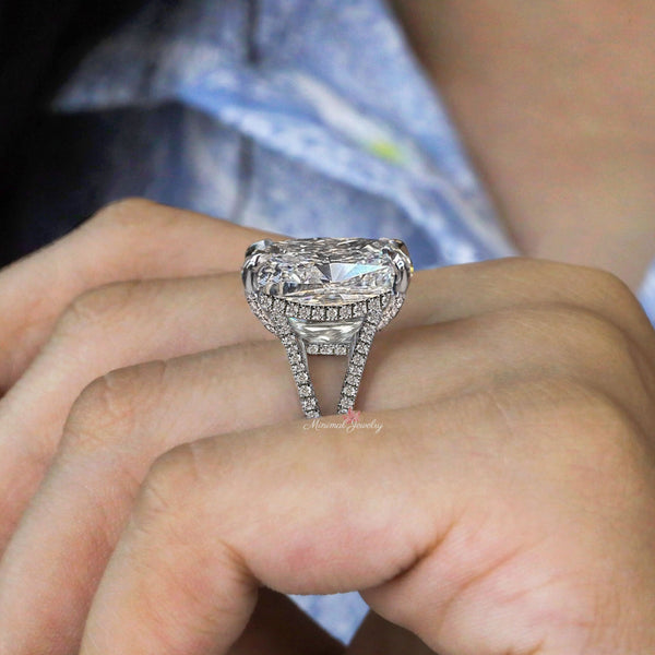 cushion cut moissanite engagement ring hidden halo split shank large 19.5 CT crushed ice moissanite elongated cushion solitaire wedding ring