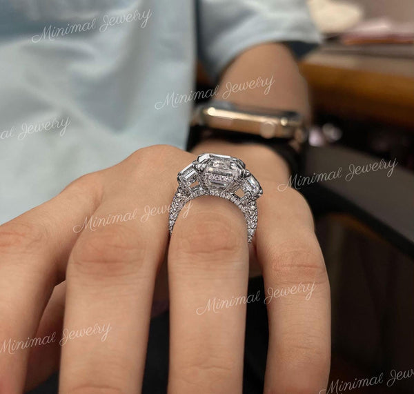 11.6 TCW 3 stone Emerald cut moissanite engagement Ring,unique celebrity style,large Three stone moissanite,hidden halo,3 row wedding ring