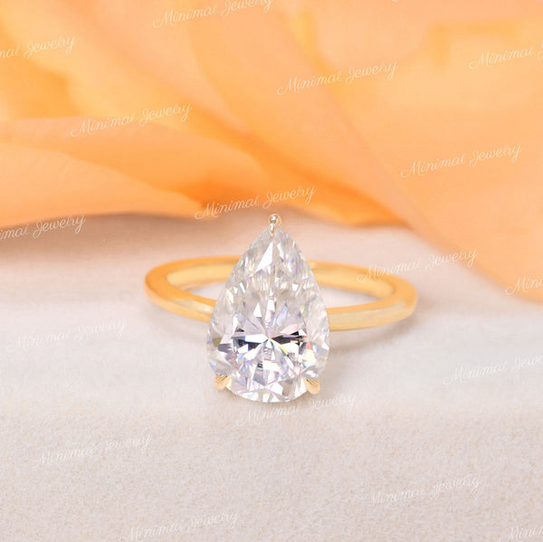 3 CT Pear moissanite engagement ring,hidden halo,14k yellow gold,pear shaped ring,solitaire moissanite ring,wedding ring for women