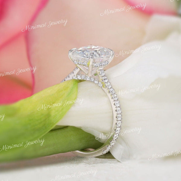 2.5 CT cushion cut moissanite engagement ring,hidden halo,14k Rose gold,pave bridge,elongated cushion,solitaire Cathedral ring,wedding ring