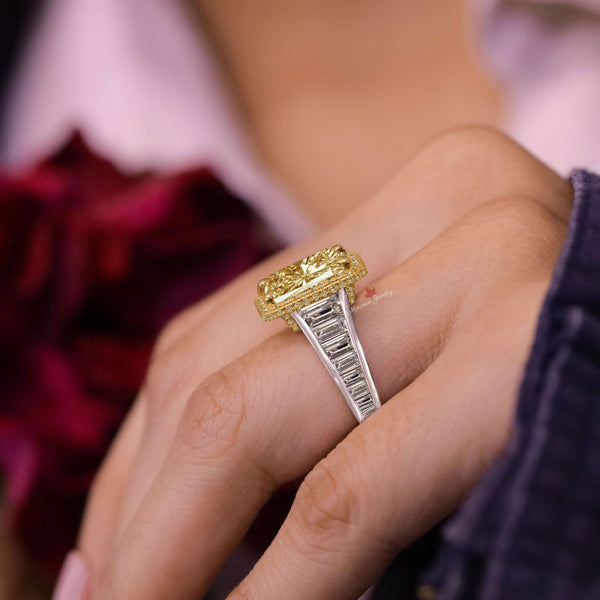 8 CT canary yellow radiant cut engagement ring,large fancy yellow moissanite ring,big celebrity Halo ring,diamond cocktail statement ring