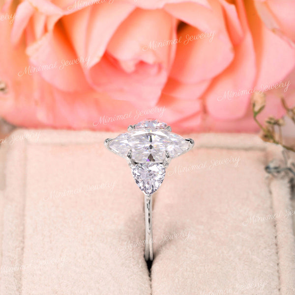 2 CT Marquise cut moissanite,three stone engagement ring,trillion cut&marquise,unique moissanite cluster ring,14k white gold wedding ring