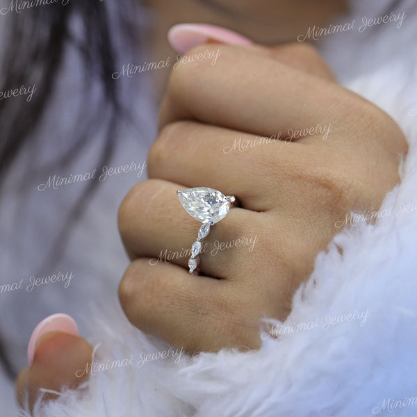 3 CT pear shaped engagement ring solitaire pear moissanite ring hidden halo unique vintage style engagement ring 14k white gold wedding ring