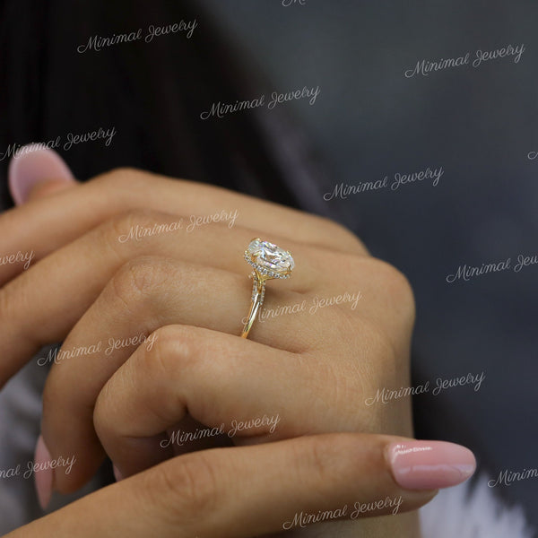 2.5 CT oval engagement ring,moissanite oval solitaire ring,hidden halo,modern,pave bridge,wedding ring,women,promise ring,14k yellow gold