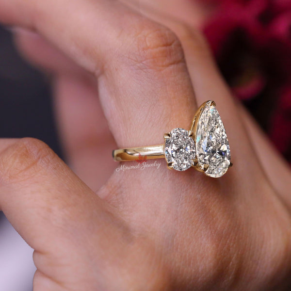 4CT Pear Lab Grown Diamond Engagement Ring: Three Stone 14k Gold Wedding Ring