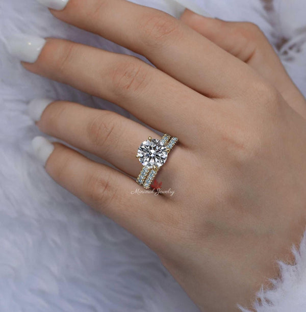 lab grown diamond engagement ring set 3.7 CT round wedding ring set lab diamond band IGI certified CVD diamond hidden halo anniversary gift