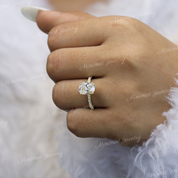 2.5 CT cushion cut engagement ring hidden halo 14k white gold unique solitaire pave prong elongated cushion moissanite ring anniversary ring