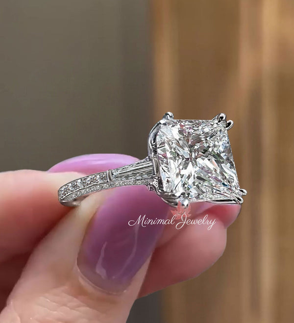 6ct princess moissanite engagement ring Three stone engagement ring hidden halo large square diamond wedding ring anniversary ring for women