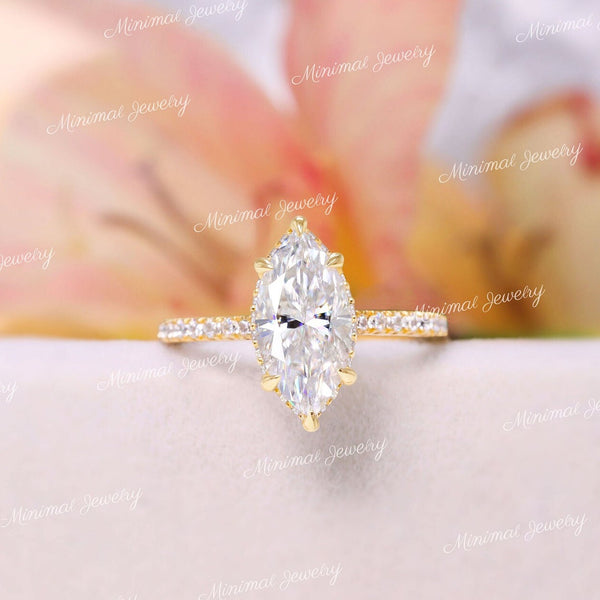 2 CT marquise moissanite engagement ring,hidden halo cathedral ring set,marquise cut solitaire ring,modern unique,anniversary wedding ring