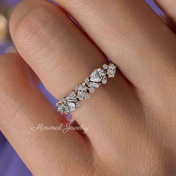 Marquise Moissanite Cluster Wedding Band baguette cluster ring 14k Gold Thick Anniversary Ring for women