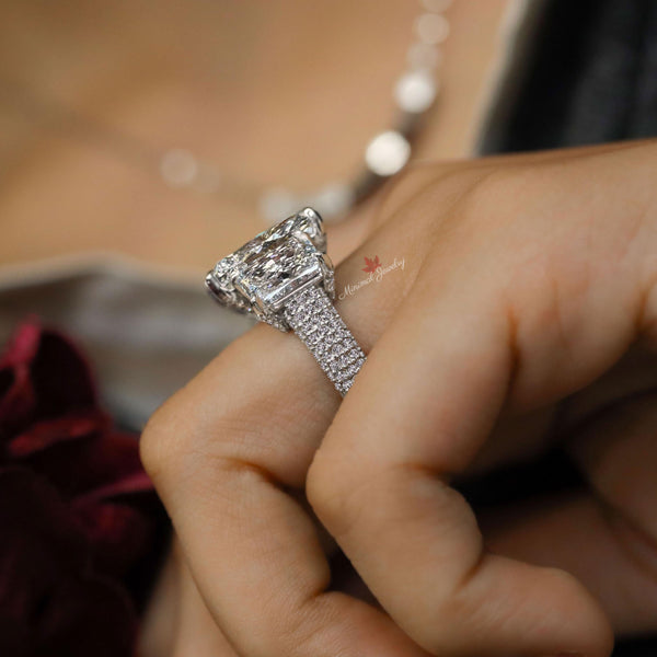 Three Stone Radiant Cut Moissanite Ring 9.5CT Wide Band Engagement Ring 14K White Gold Large Statement Wedding Anniversary Ring