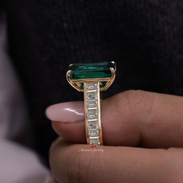 Emerald engagement ring 11CT green emerald gold ring large Cocktail Statement Ring with Moissanite May Birthstone Ring Large Gemstone Ring