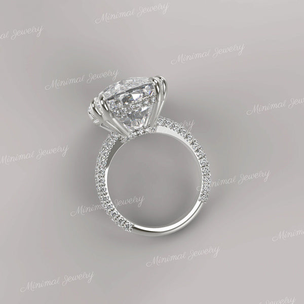 17.5 CT Old Mine Cushion Cut Moissanite Engagement Ring: Hidden Halo, Three Row Pave